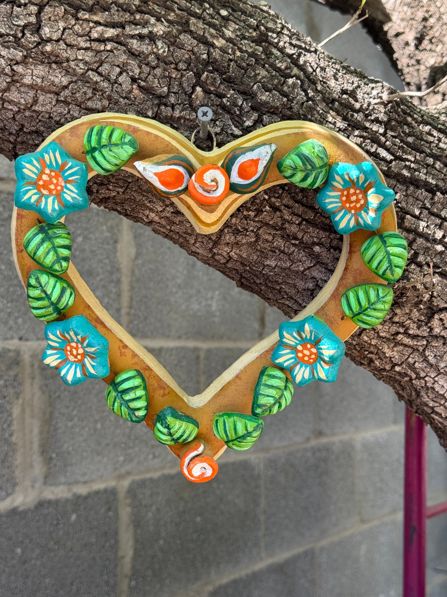 Barro Heart with Flowers made by Mexican Artesanos hand
