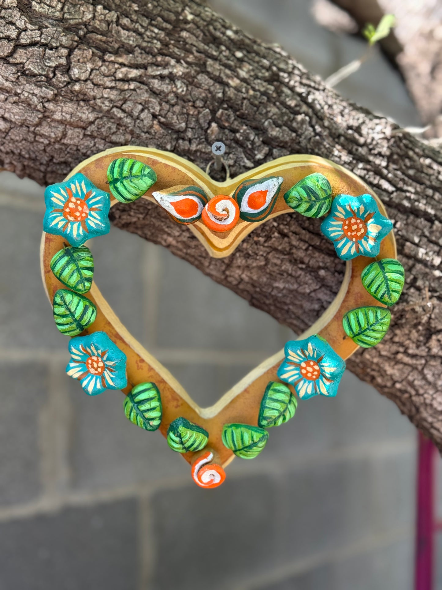 Barro Heart with Flowers made by Mexican Artesanos hand